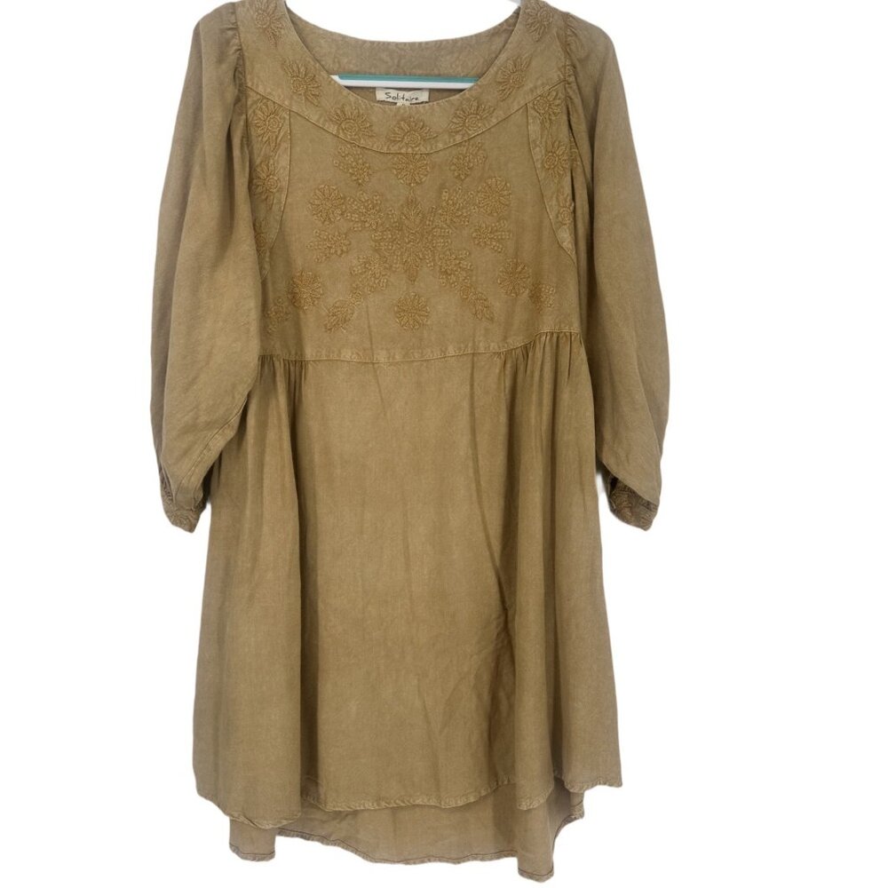 Solitaire Boho Embroidered Babydoll Dress Caramel Olive Medium - Picture 2 of 6